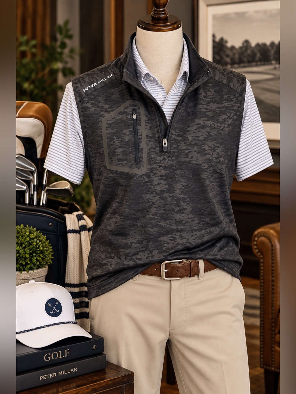 Peter Millar Men's Charcoal Camo Quarter-Zip Golf Vest Size XL NWOT